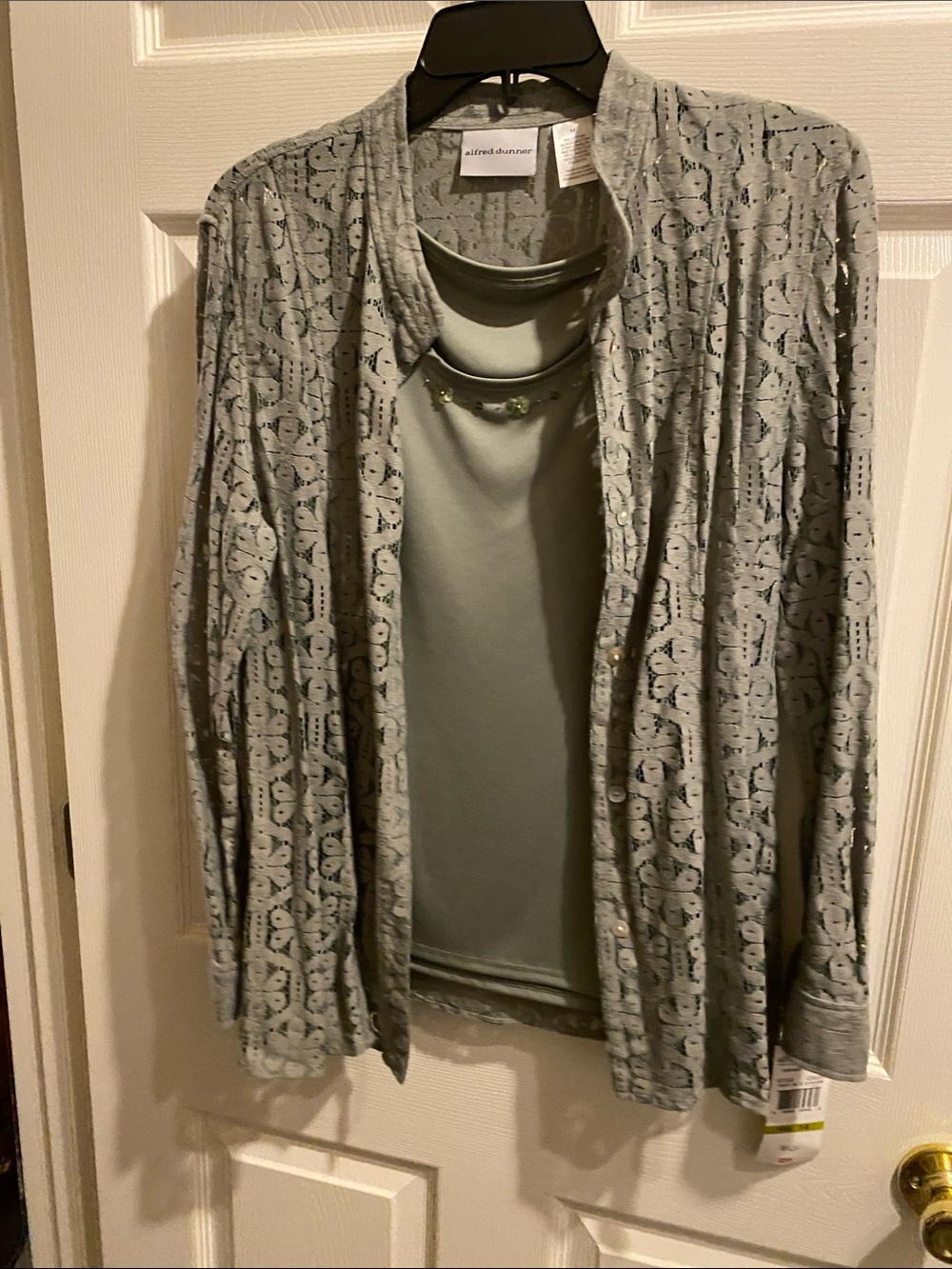 Alfred Dunner Light Gray Lace Cardigan with Pale Sage Shell